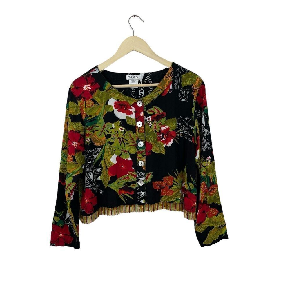 Vintage Paradiso Large Top Shell Button Hawaiian Aloha Crop Beaded Womens